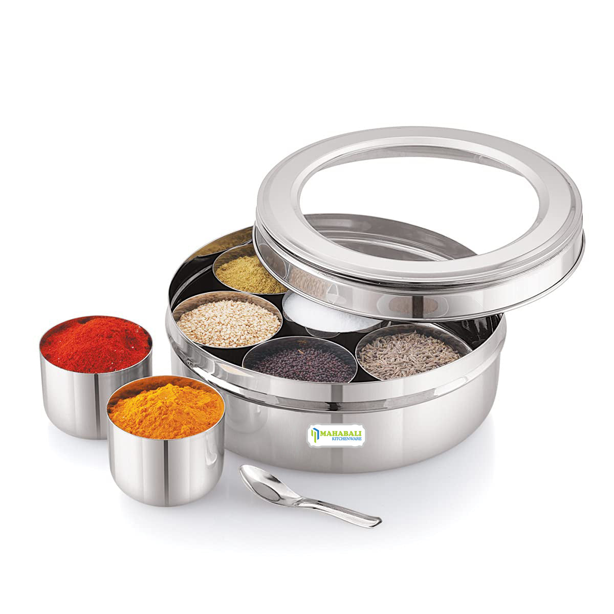 Mahabali Stainless Steel Neelam Round 7 in 1 Masala Dabba with See Through Lid