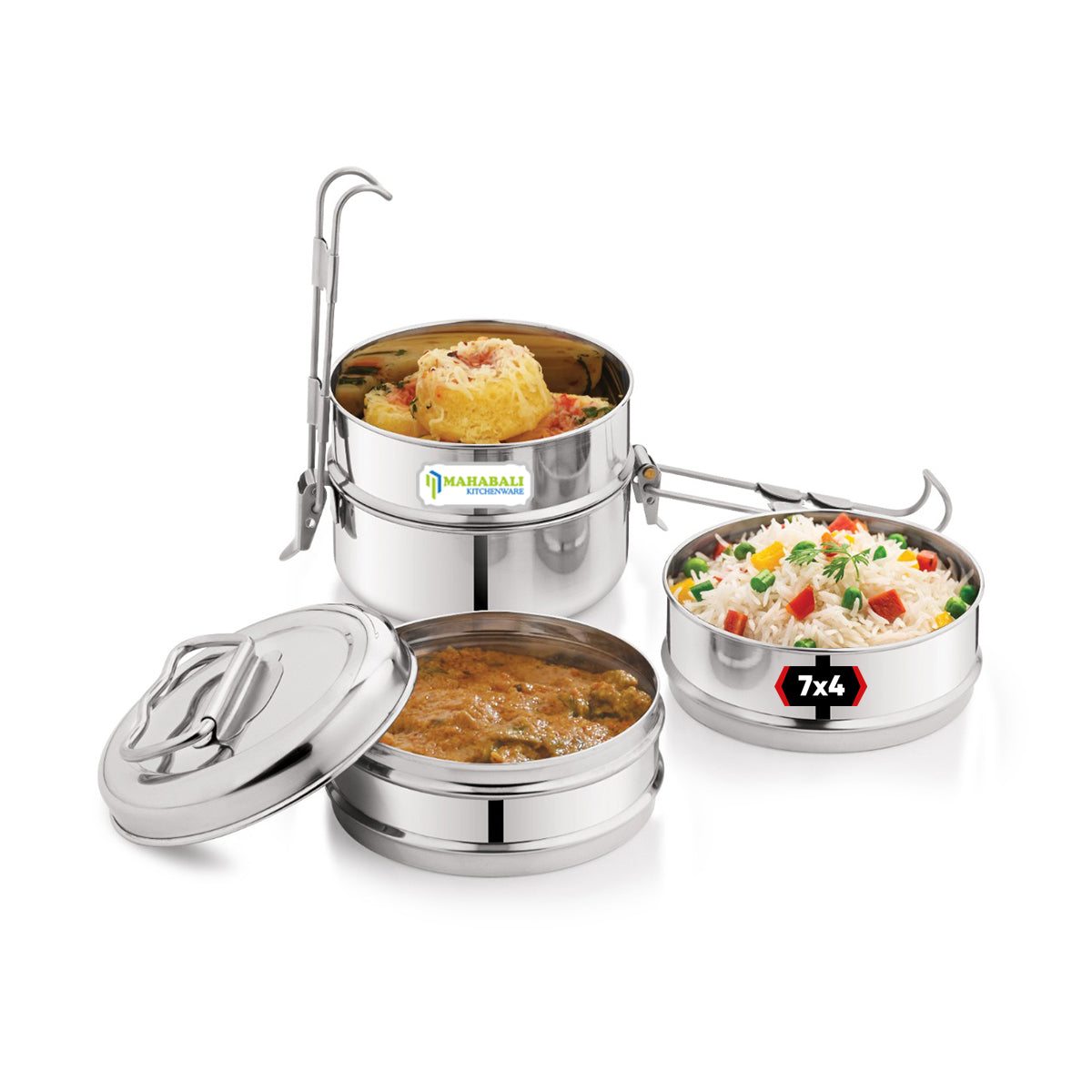 Mahabali Stainless Steel Lunch Box/Tiffin with Locking Clip, 4-Tier Container, Hot & Cold Leak-Proof, Compact & Durable, Perfect for Office, School, Picnic and Travel, Silver