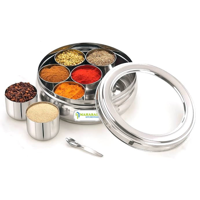 Mahabali Stainless Steel Orange Round 7 in 1 Masala Dabba with See Through Lid