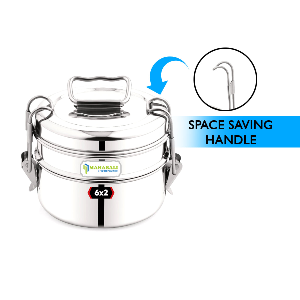 Mahabali Stainless Steel Lunch Box/Tiffin with Locking Clip, 2-Tier Container, Hot & Cold Leak-Proof, Compact & Durable, Perfect for Office, School, Picnic and Travel, Silver