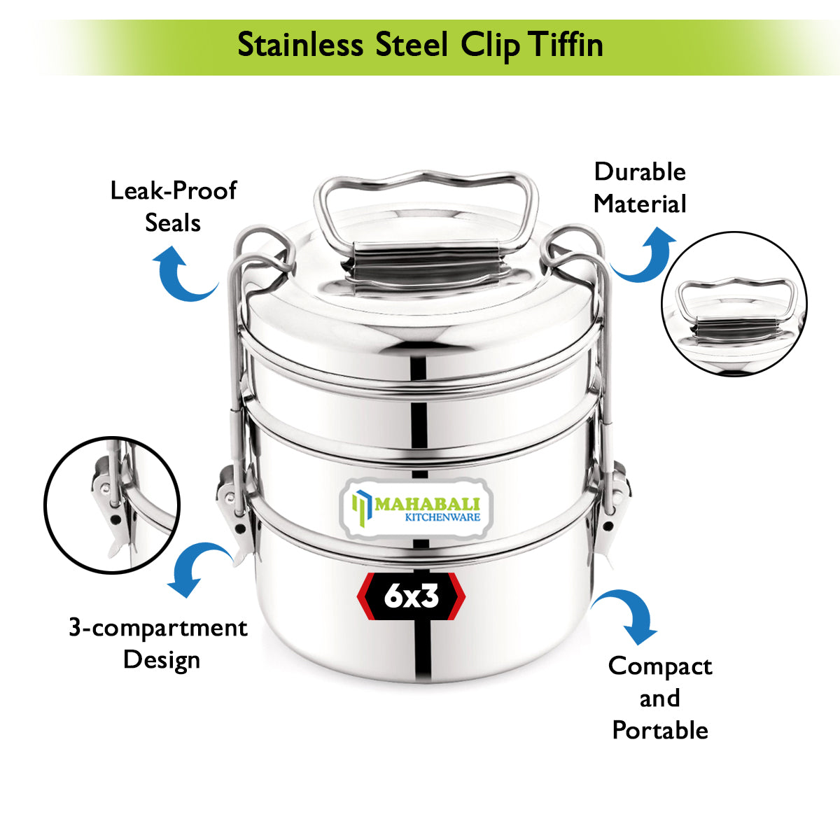 Mahabali Stainless Steel Lunch Box/Tiffin with Locking Clip, 3-Tier Container, Hot & Cold Leak-Proof, Compact & Durable, Perfect for Office, School, Picnic and Travel, Silver