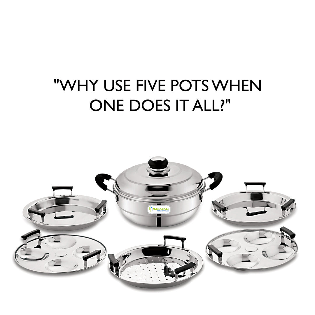 Mahabali Stainless Steel Nano Multi Kadai , Flat Bottom with 5 Plates - 2 Idli Plates , 2 Dhokla Plates and 1 Patra Plate , All In One Multi Purpose Kadai , Gas Base, Silver