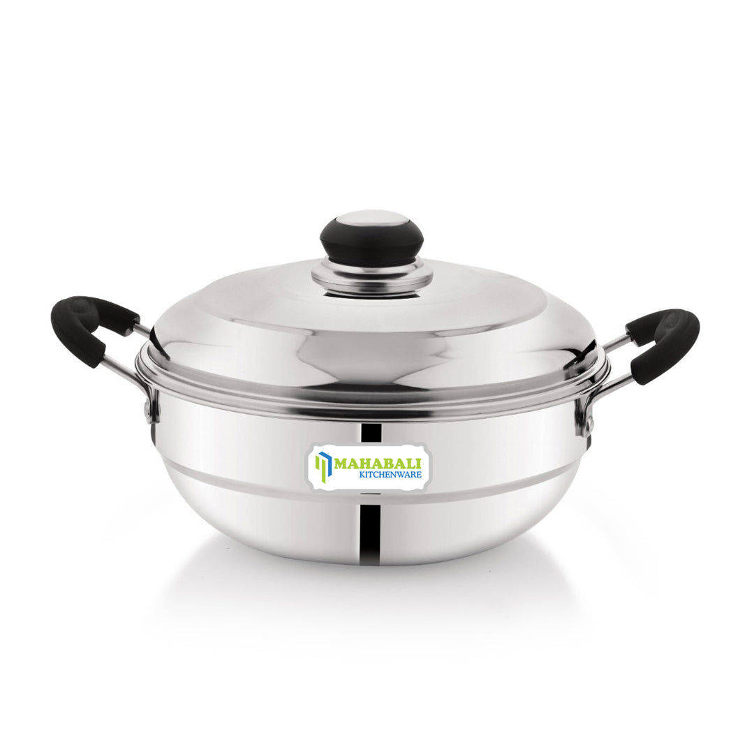 Mahabali Stainless Steel Nano Multi Kadai Sandwich Bottom with 5 Plates - 2 Idli Plates , 2 Dhokla Plates and 1 Patra Plate, All In One Multi Purpose Kadai , Induction and Gas Base , Silver