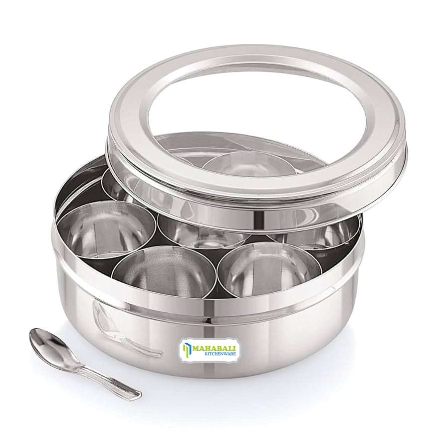 Mahabali Stainless Steel Neelam Round 7 in 1  Masala Dabba with See Through Lid