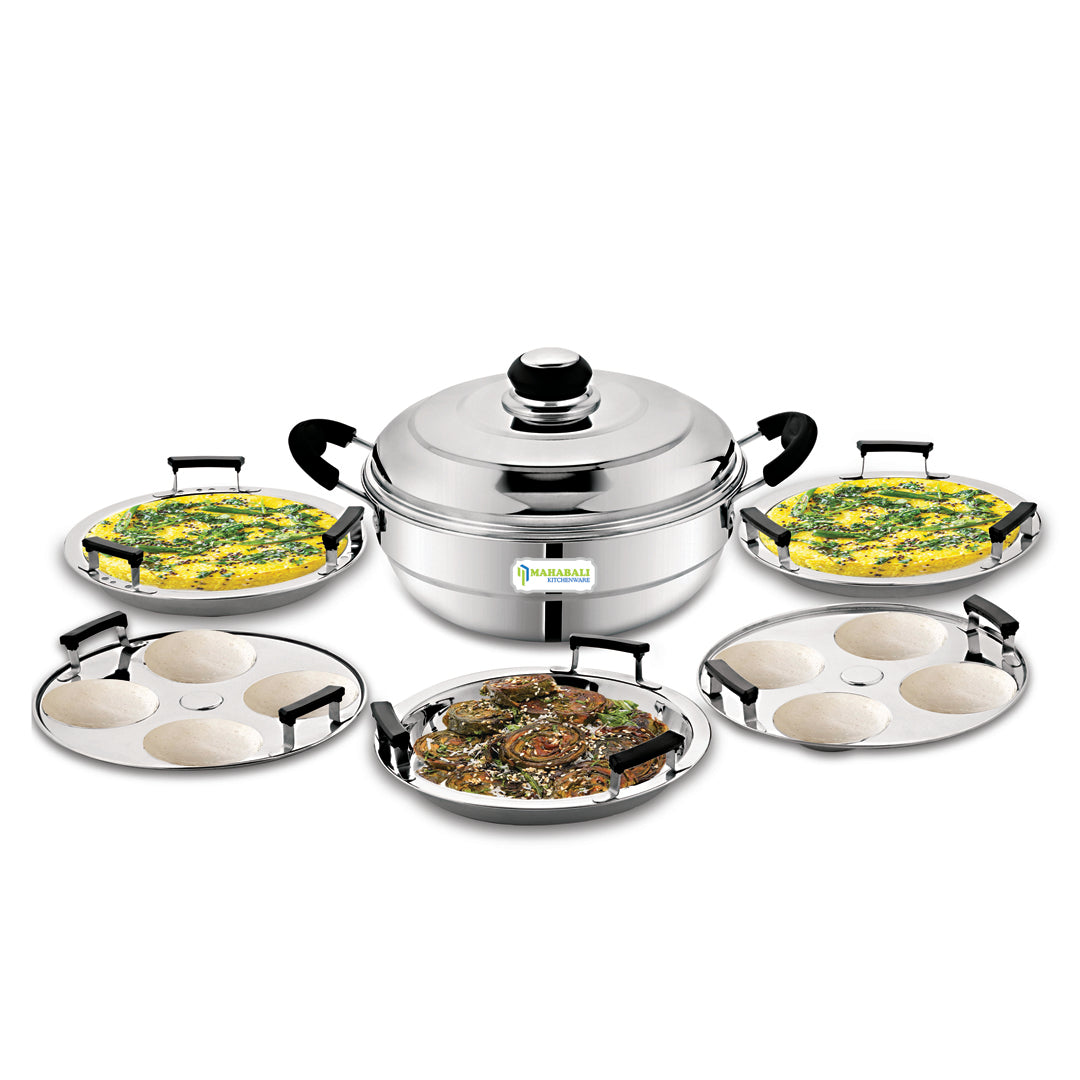 Mahabali Stainless Steel Nano Multi Kadai , Flat Bottom with 5 Plates -  2 Idli Plates , 2 Dhokla Plates and 1 Patra Plate , All In One Multi Purpose Kadai , Gas Base, Silver