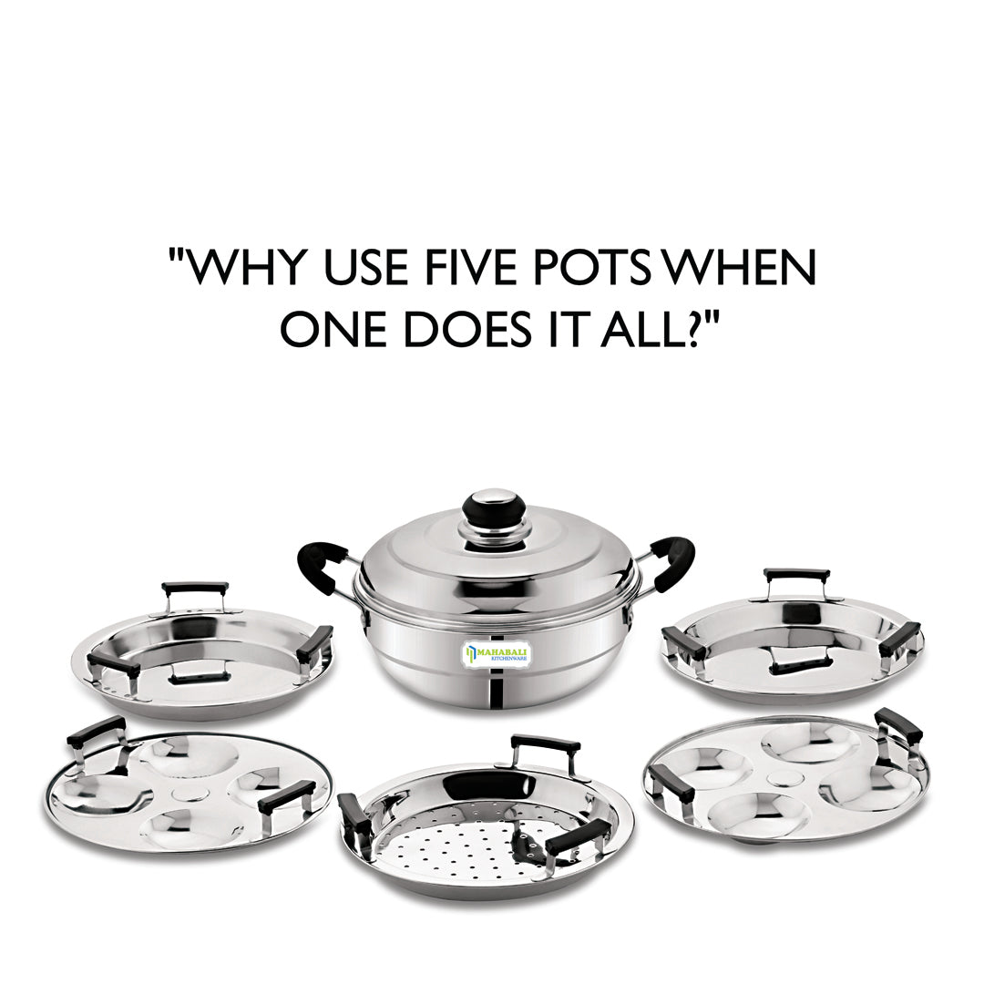 Mahabali Stainless Steel Nano Multi Kadai Sandwich Bottom with  5 Plates - 2 Idli Plates , 2 Dhokla Plates and 1 Patra Plate, All In One Multi Purpose Kadai , Induction and Gas Base , Silver