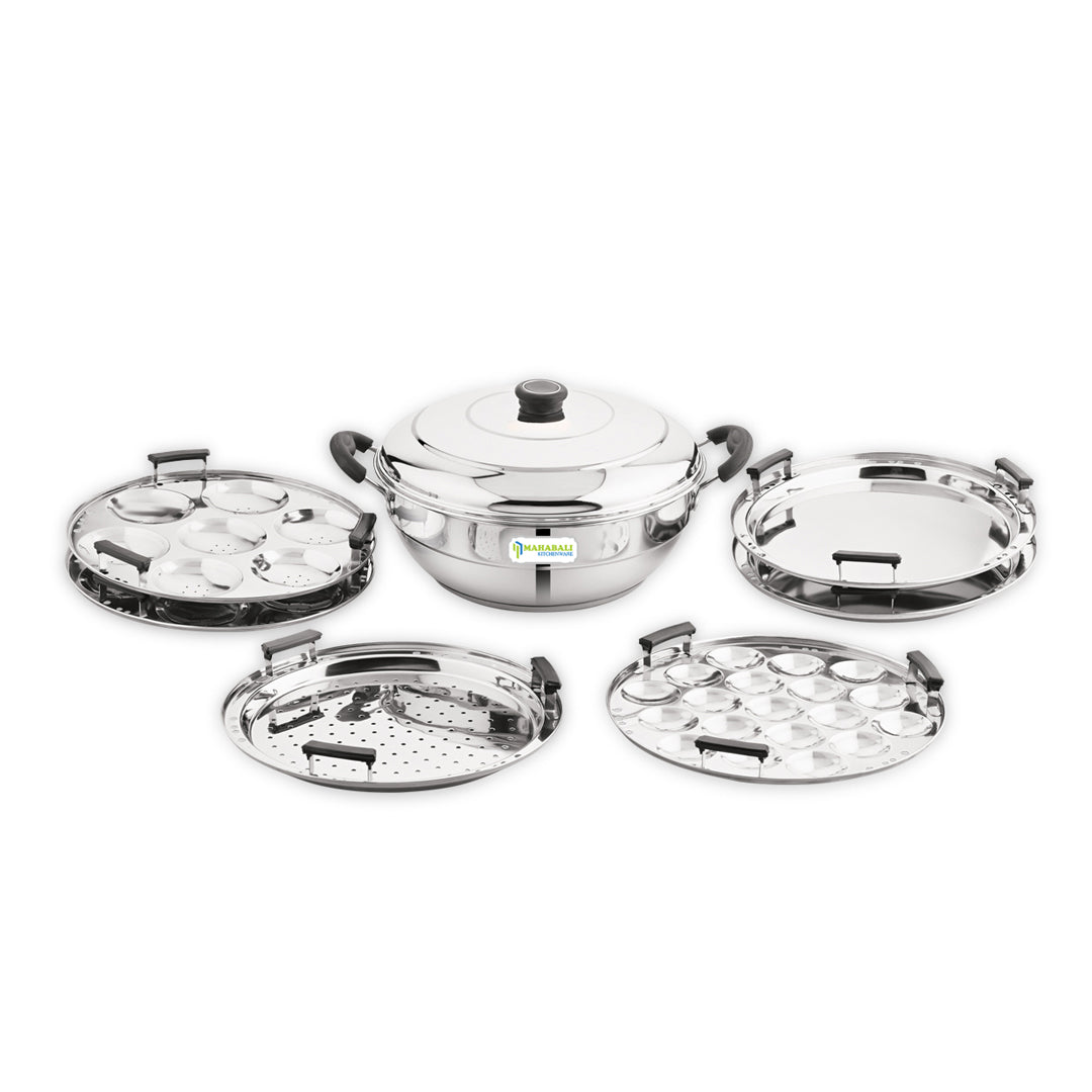Mahabali Stainless Steel Prime Multi Kadai  Sandwich Bottom with 6 Plates - 2 Idli Plates,  1 Mini Idli Plate , 2 Dhokla Plates and 1 Patra Plate, All In One Multi Purpose Kadai , Induction and Gas Base , Silver